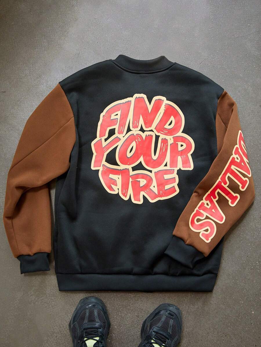 Manfinity Streetrush Chaqueta de béisbol casual de manga larga con botones y estampado de letras con contraste de color para hombres, otoño