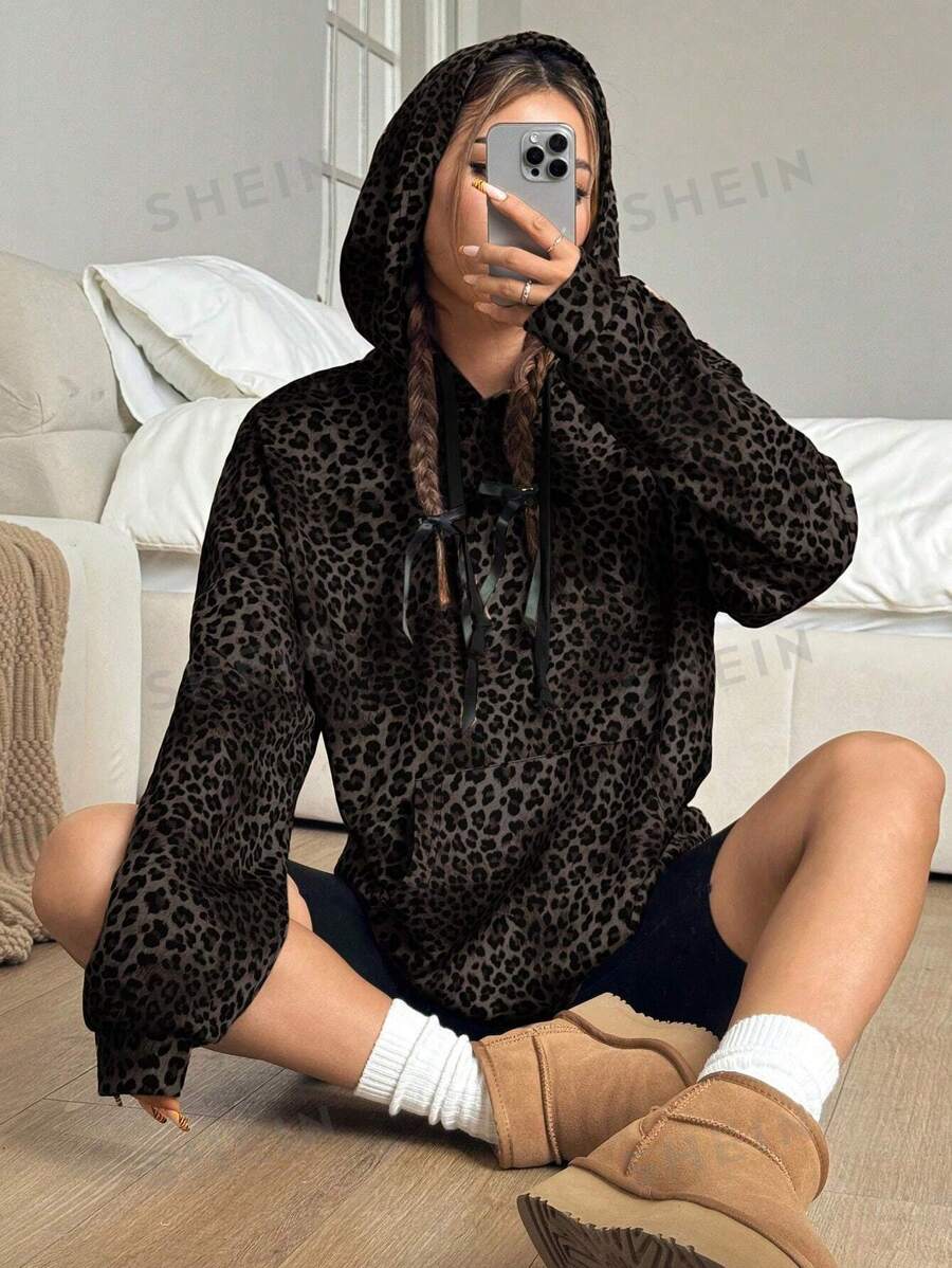 Flirla Sudadera con capucha casual de manga larga con estampado de leopardo