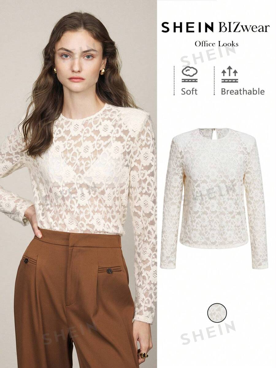 BizChic Blusa elegante para mujer de manga larga, transparente con encaje, adecuada para fiestas de Navidad