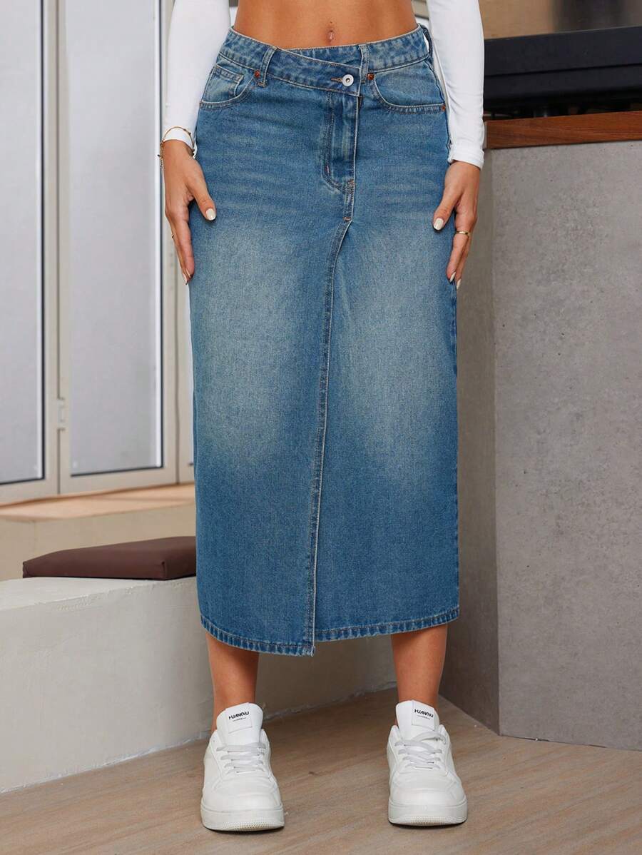SHEIN Essnce Jupe crayon en jean lavé avec poches inclinées polyvalentes et décontractées pour femmes, convient pour le printemps/été