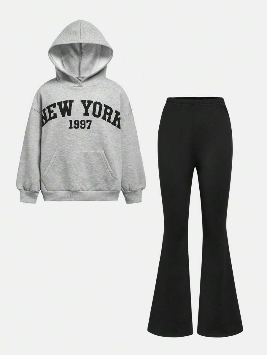 SHEIN Girlism Set de hanorac și pantaloni cu picioare largi pentru fete Tween