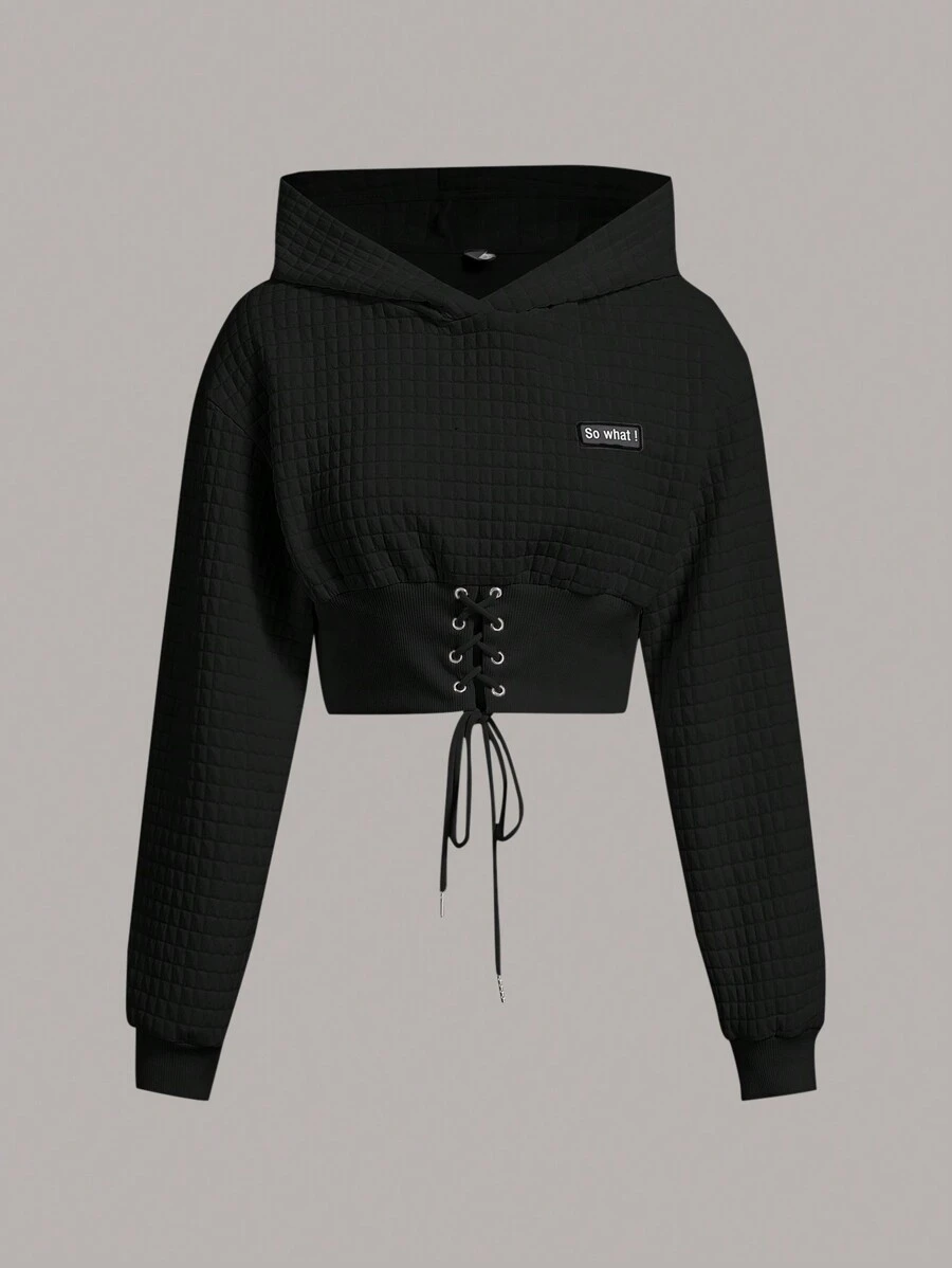 SHEIN EZwear Plus Sweat-Shirt À Capuche Court À Applique Lettre À Lacets