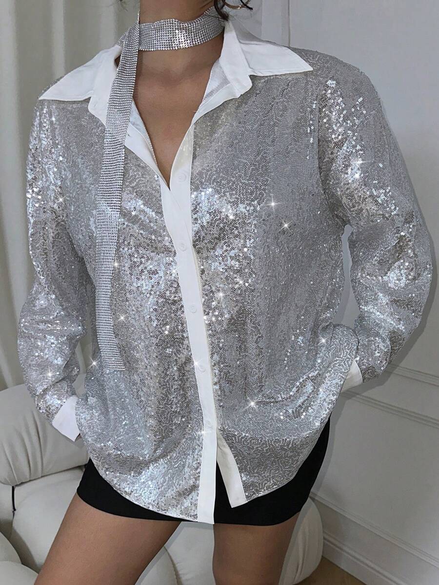 Calvaya Plus Size Shiny Silver Sequined Elegant Party Blouse For Women Women Shirt