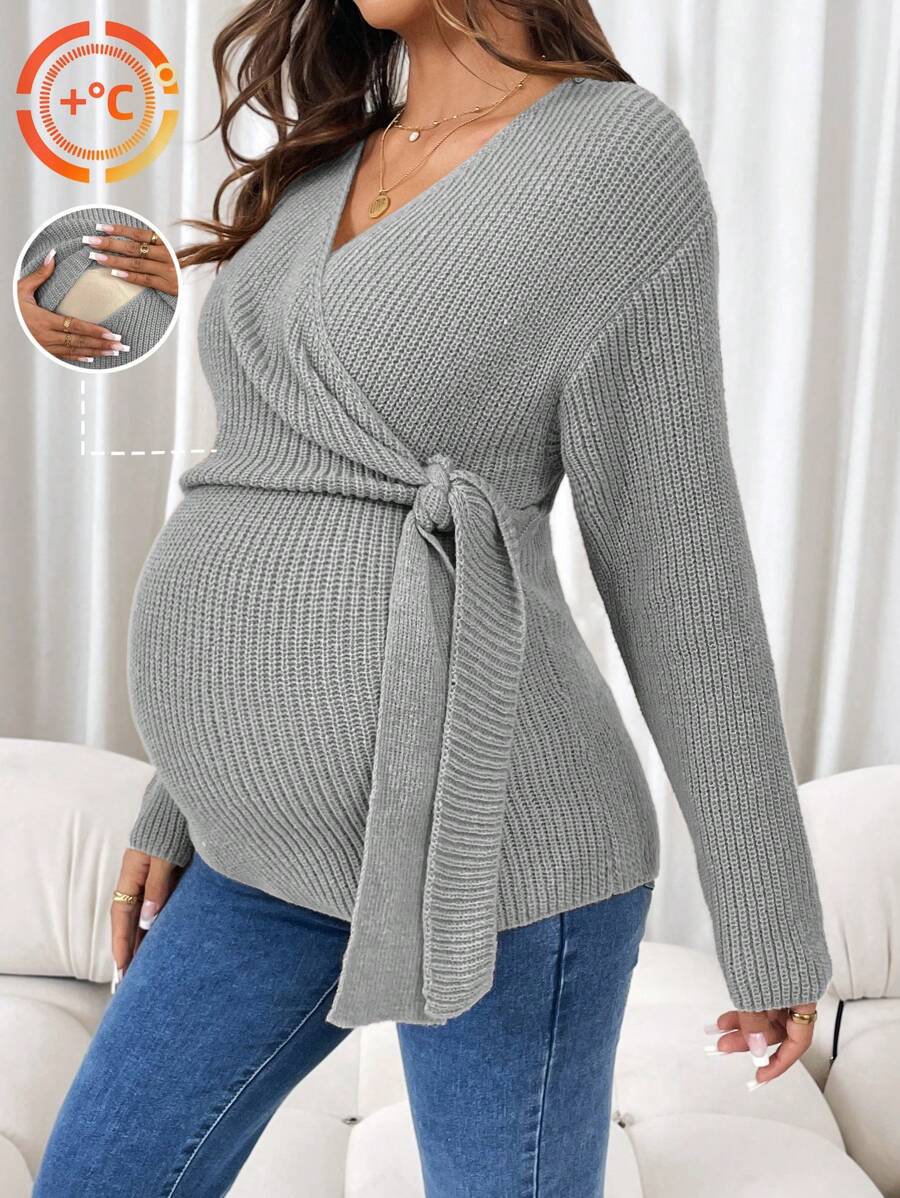 SHEIN Maternity Casual Solid Color Tie-Front Nursing Long Sleeve Sweater, Nursing Sweater, Autumn/Winter