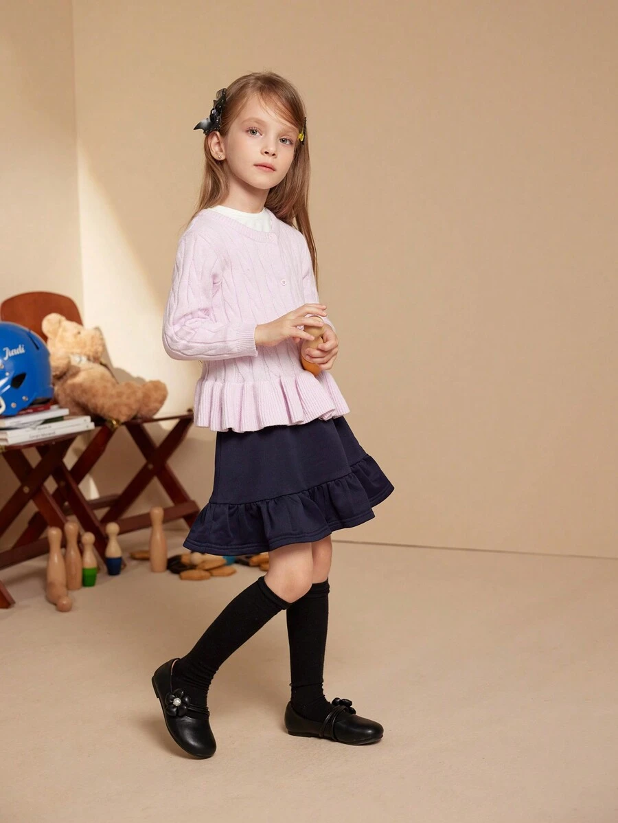 PrepCrw Kleine Mädchen Lässig süßer einfarbiger Rüschen-Saum Cardigan, Herbst