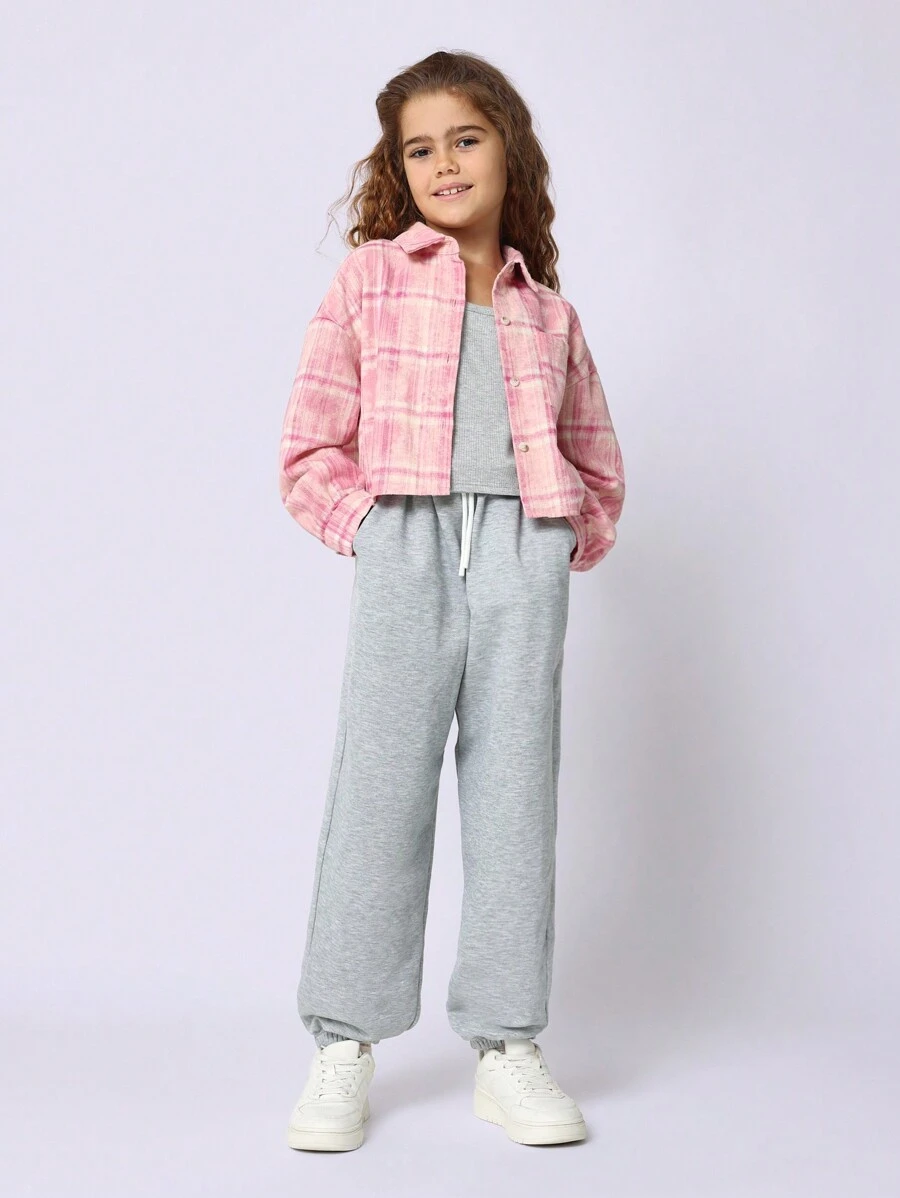 SUMWON Tween Girls Rib Tank Top, Jogger And Pink Check Shirt With Chicago Graphic Print 3 Piece Set
