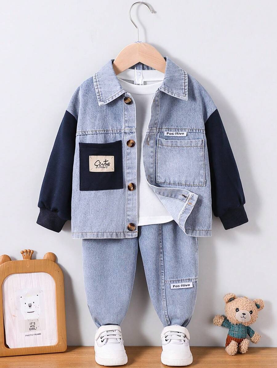2pcs/Set Baby Boys Autumn Denim Patchwork Jacket & Long Sleeve Pants 2 Pieces Outfits, Stylish