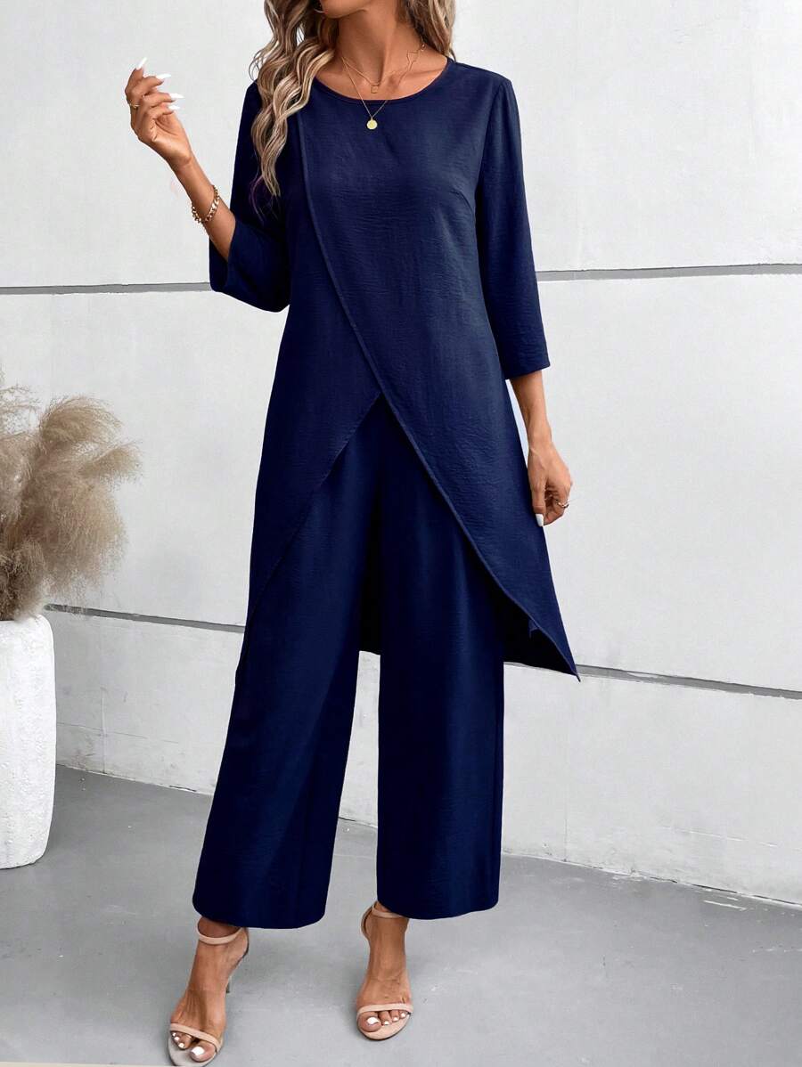 EMERY ROSE Women 2pcs Set - Solid Color Wrap Hem Casual 3/4 Sleeve Blouse & Elastic Waist Long Pants, Autumn