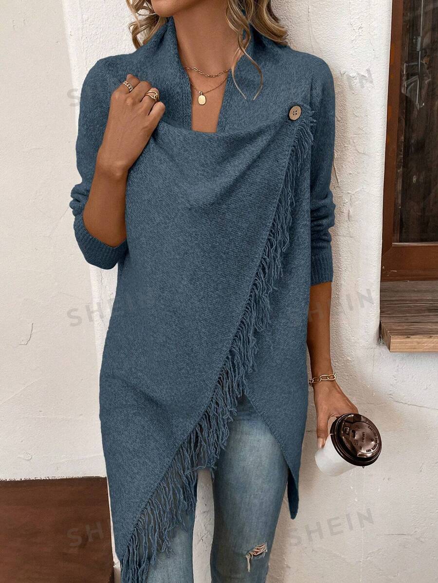 SHEIN LUNE Cárdigan asimétrico de manga larga con cuello caído, cruce, envoltorio y decoración con flecos, unicolor
