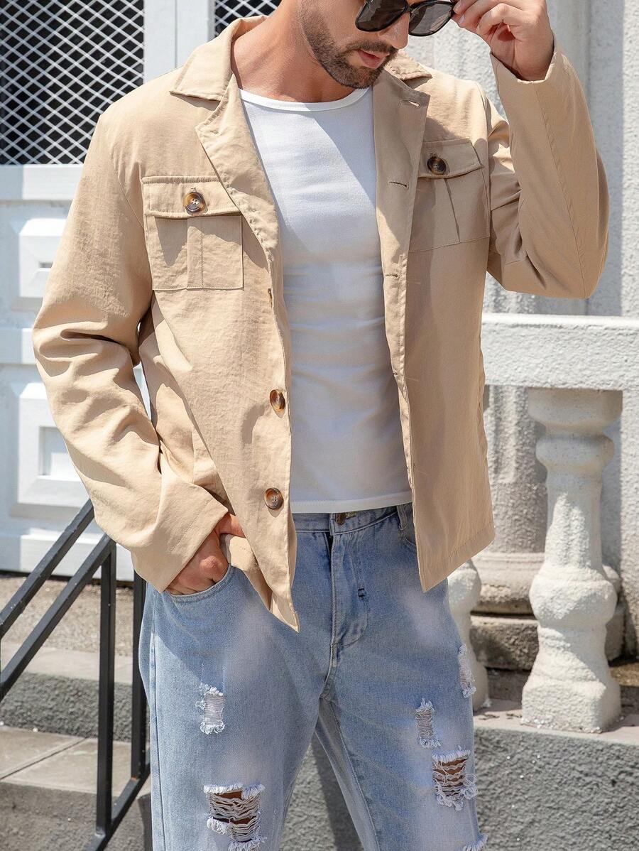 Manfinity Homme Men's Plain Color Lapel Casual Jacket, Spring Autumn