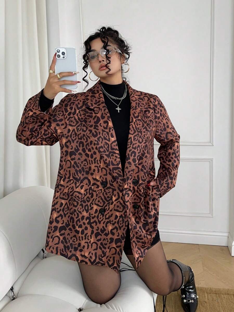 Calvaya Plus Size New Retro Oversized Chic Leopard Print Blazer For Women, Spring Autumn