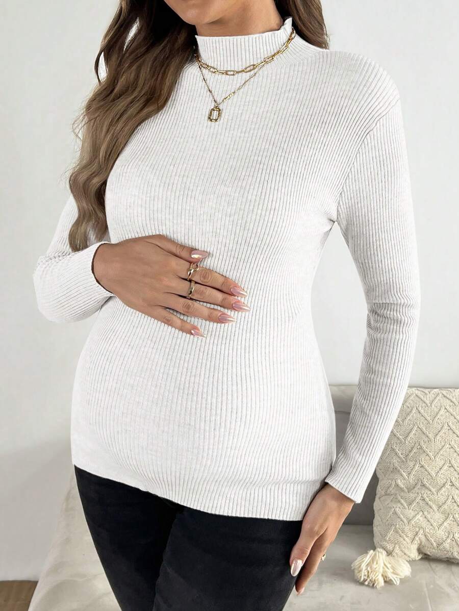 SHEIN Maternity Solid Color Stand Collar Long Sleeve Minimalist Sweater, Casual Everyday Wear, For Winter