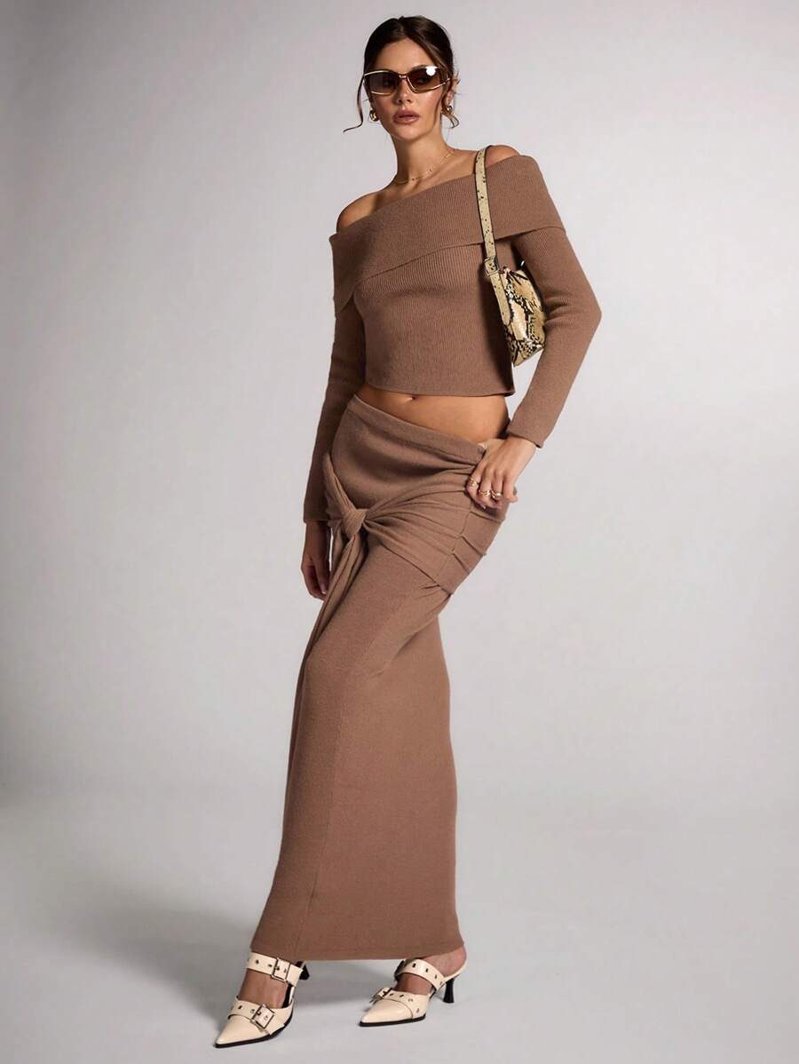 SHEIN BAE 1set Women Solid Color Twist Ribbed Knit Maxi Sweater With Skirt Brown Vintage Warm And Skin-Friendly Soft Strappy Sweater Skirt Mermaid Skirt Hollowed Costumes Thanksgiving Women Outfit Halloween Women Costumes Women Costumes Concert Women Outfit