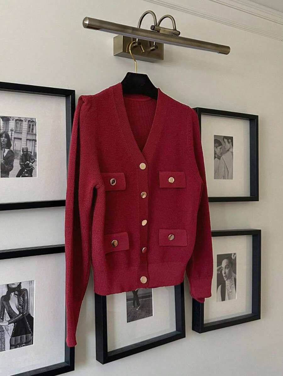 DAZY V-Neck Short Burgundy Cardigan For Christmas ,Holiday,Fall Clothes