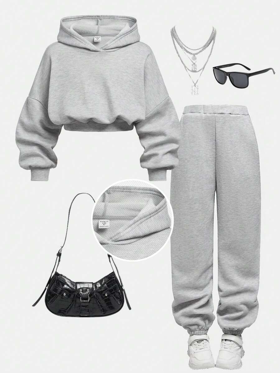 SHEIN Tween Girls' Fashion Casual Knitted Long Sleeve Hooded Sweatshirt Set