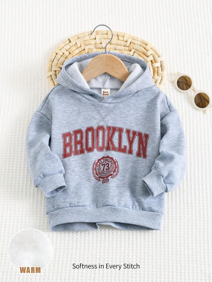 Cozy Pixies Felpa con cappuccio casual e versatile per bambini maschi, con grafica a lettera raglan