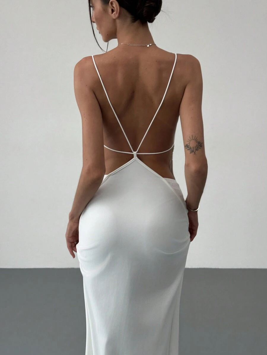 Aloruh Romantische high-end witte spaghettibandjes duik-v-hals rugloze jurk voor vrouwen
