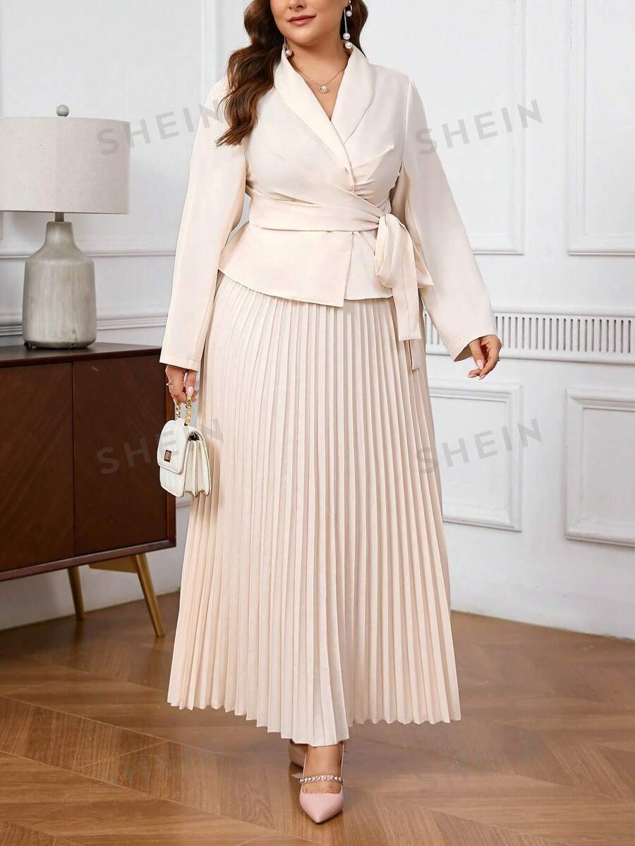 SHEIN Privé Conjunto de 2 piezas de talla grande: Camisa larga plisada con cuello y falda midi en línea A anaranjada, elegante y femenina