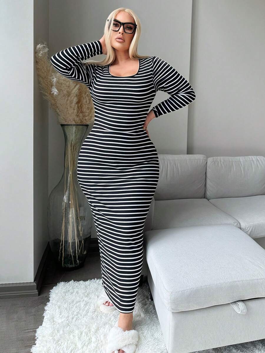 SHEIN SXY Robe ajustée à encolure ras-du-cou à manches longues, grande taille, casual, automne/hiver