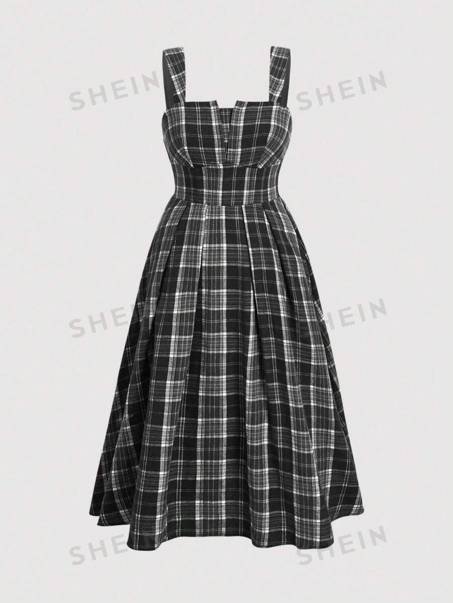 SHEIN MOD Vestido vintage de cuadros para mujer talla grande, con forro térmico para otoño e invierno, puede usarse en capas