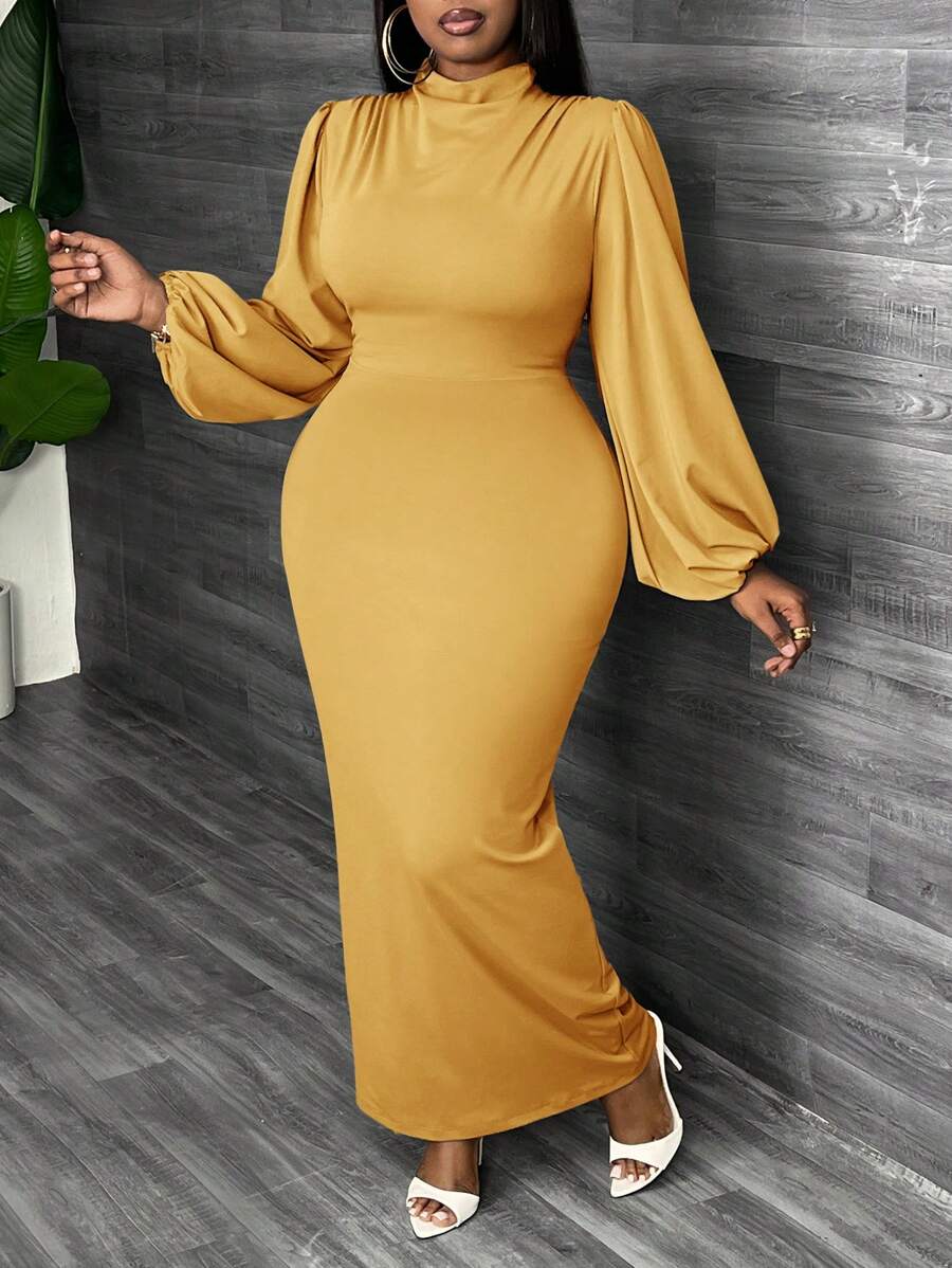 Slaydiva Vestido elegante de manga larga farol azul de hombros rectos en talla grande, adecuado para verano y otoño