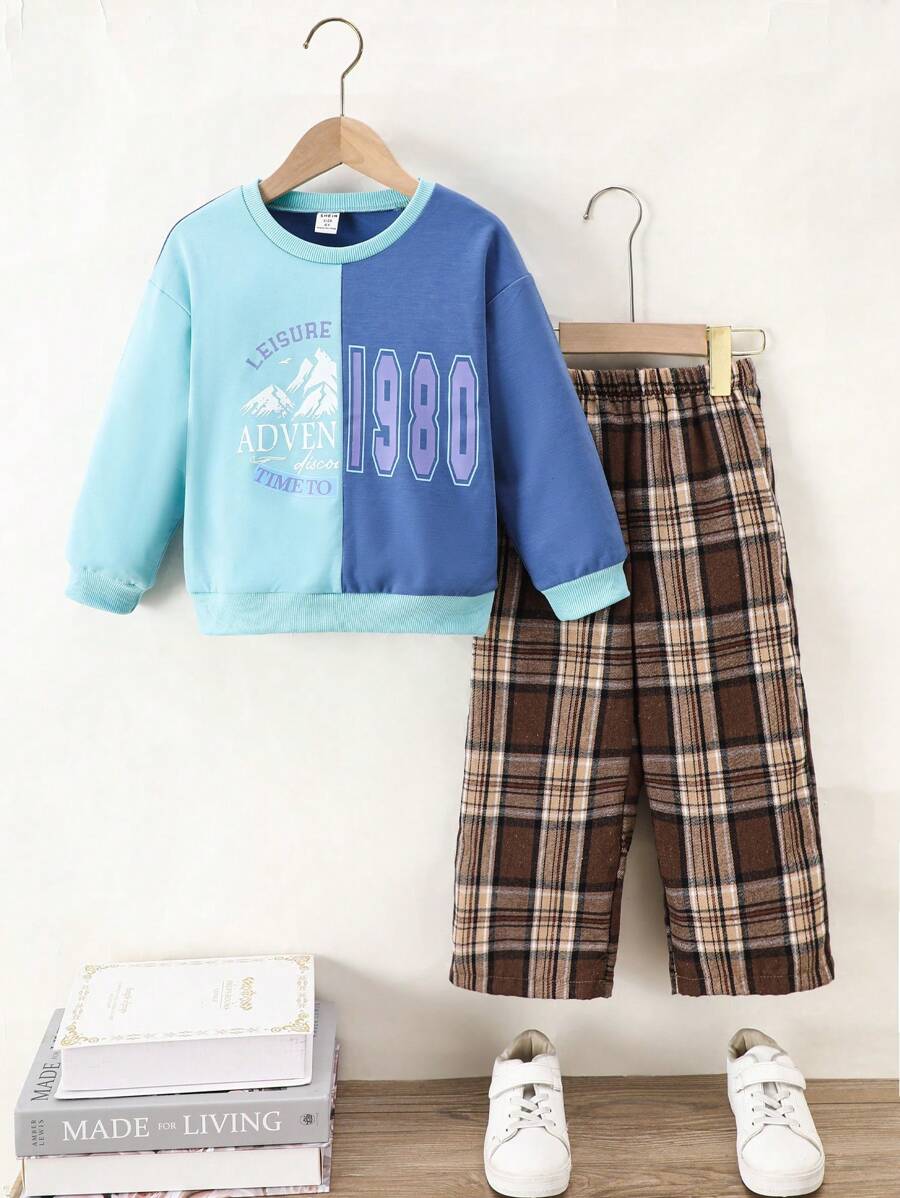 2 Stücke/Set Modisches Kleine Mädchenoberteil mit Patchwork, Buchstaben-Muster und lockere karierte Hose