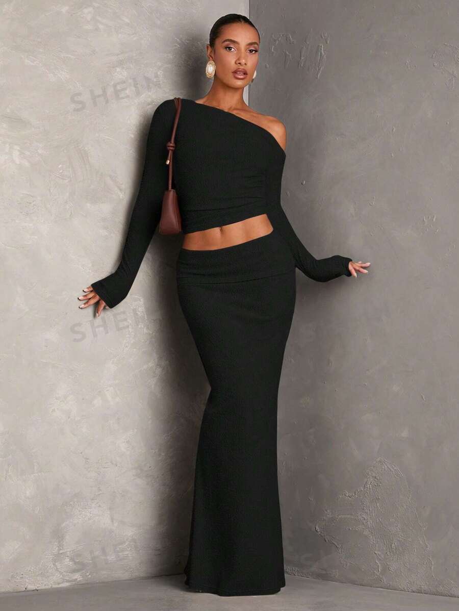 SHEIN BAE Conjunto de dos piezas de ropa de mujer para invierno y otoño, con parte superior hombros descubiertos y falda, conjunto de ropa para concierto de mujeres