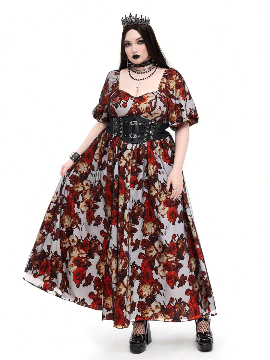 Flirla Plus Size Halloween Floral All-Over Print Splice Short Sleeve Romantic High Slit Holiday Dress