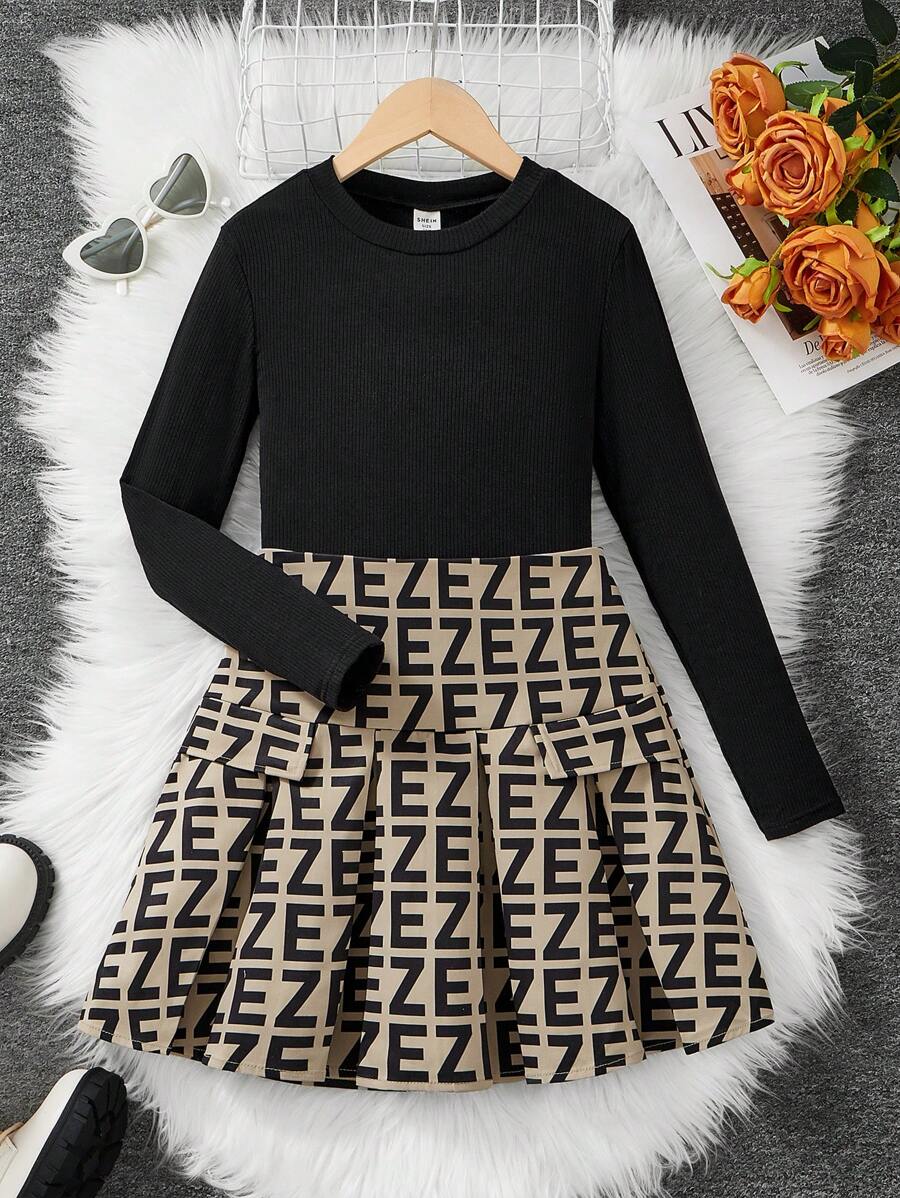 SHEIN Tween Girl 2 Pieces Set: Casual Simple Comfortable Letter Pattern Stand Collar T-Shirt & Pleated Skirt