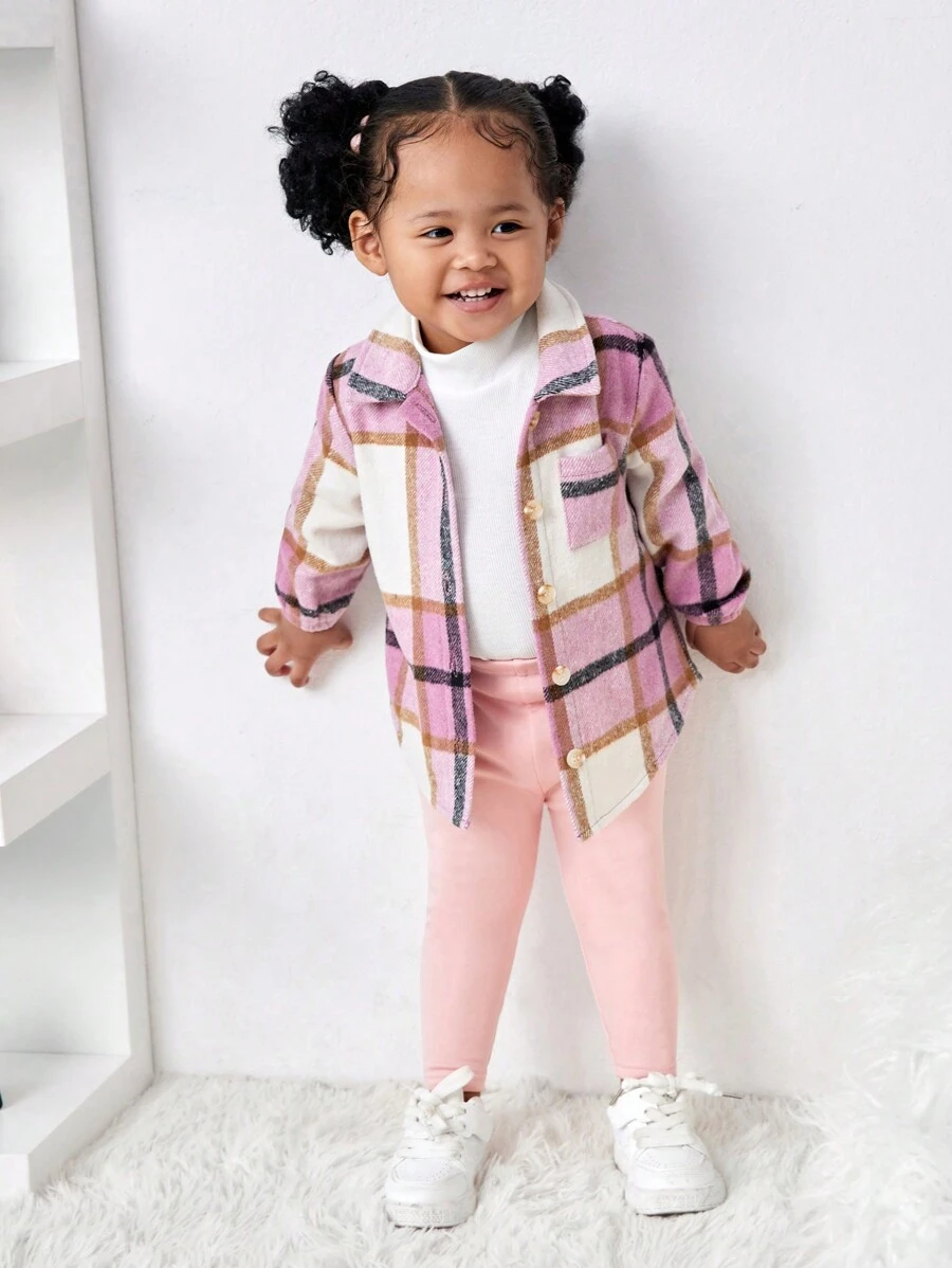SHEIN 3-delige set met geruite babyjas voor meisjes, elastische taillebroek en witte gebreide basislaag, herfst/winter