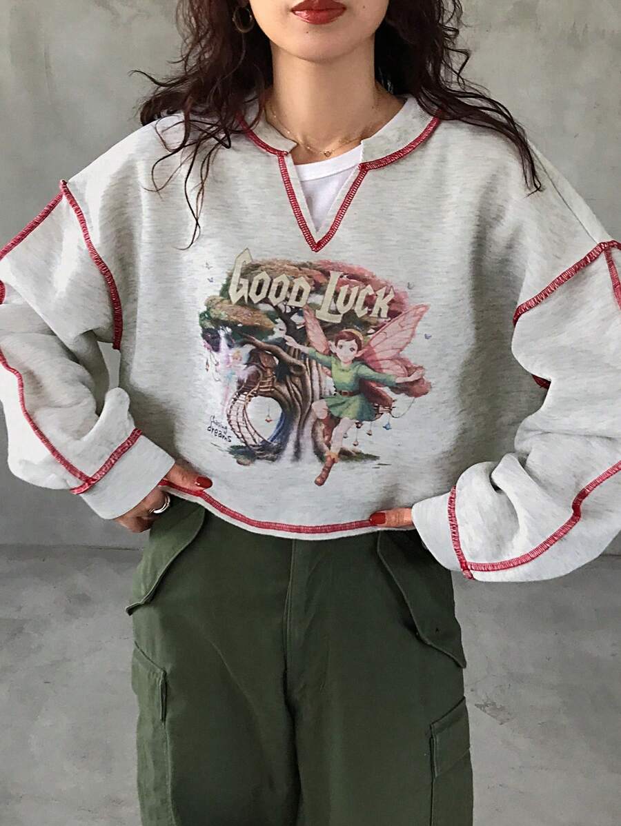 FRIFUL T-shirt ample à manches longues, col en V, imprimé graphique avec slogan, épaules tombantes, pour femmes en automne