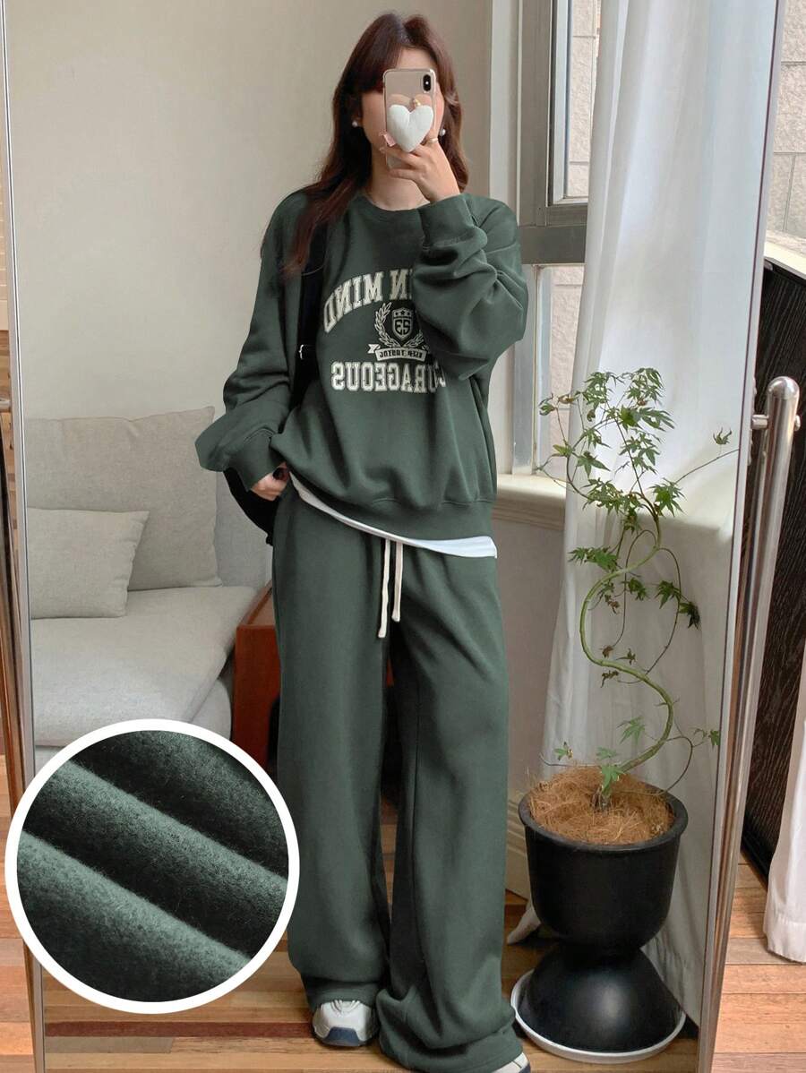 DAZY 2pcs/Set Women Letter Print Crew Neck Long Sleeve Top And Pants Casual Outfit
