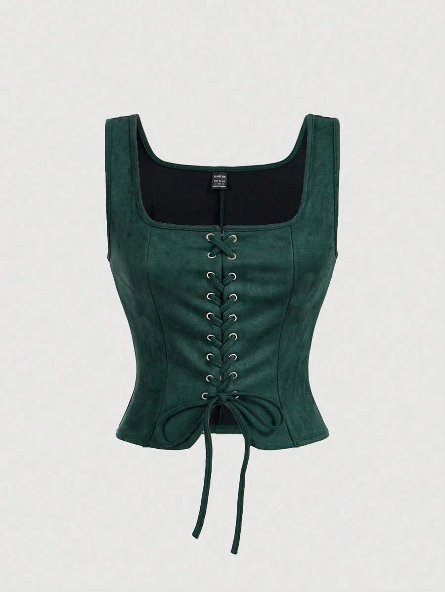 SHEIN MOD Top sin blusa con cordones y ojales en el centro delantero de color marrón