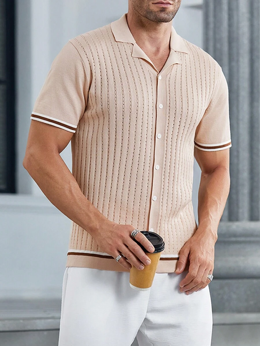 Manfinity RelaxMax Men's Casual Contrast Trim Short Sleeve Cardigan Sweater