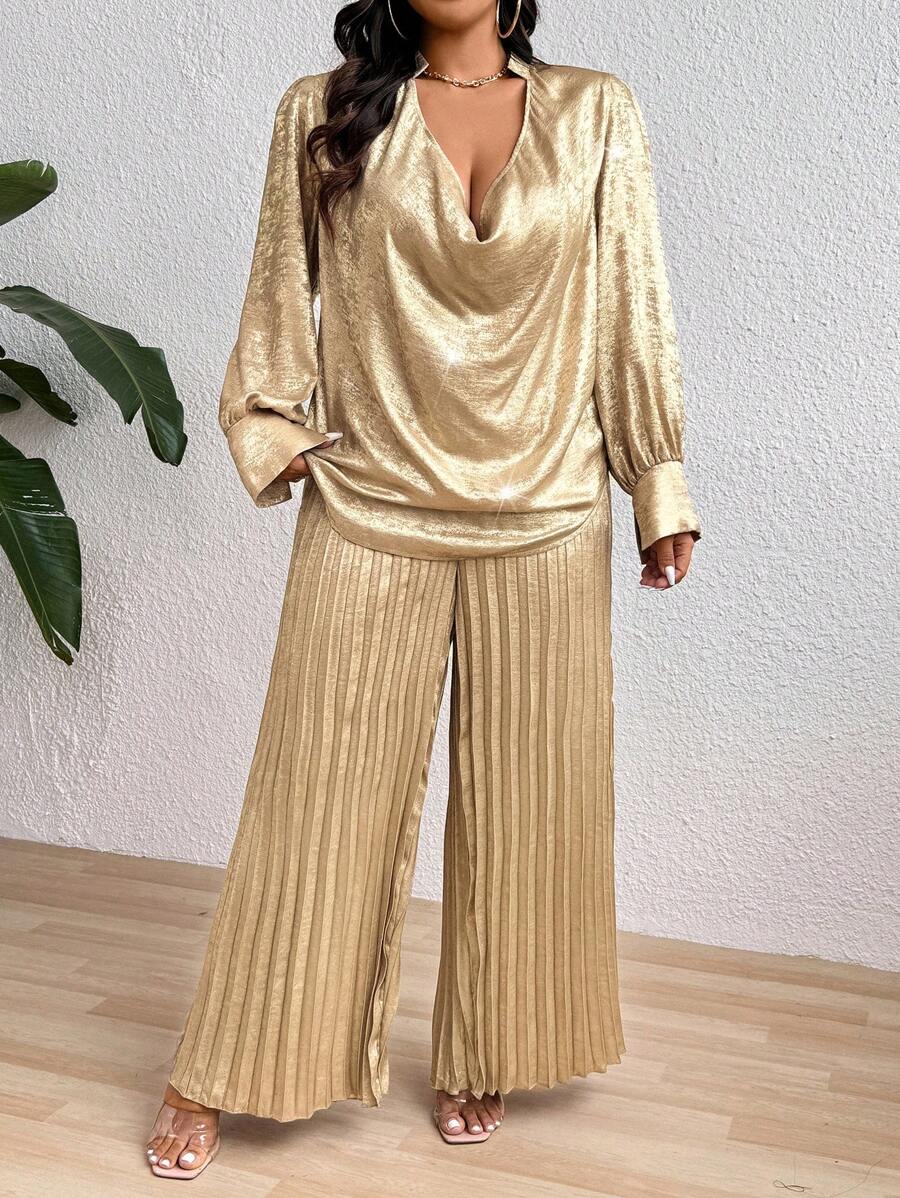 Celure 2pcs Plus Size Metallic Loose Blouse Top & Wide Leg Pleated Pants Set For New Year Holiday Party Clothes