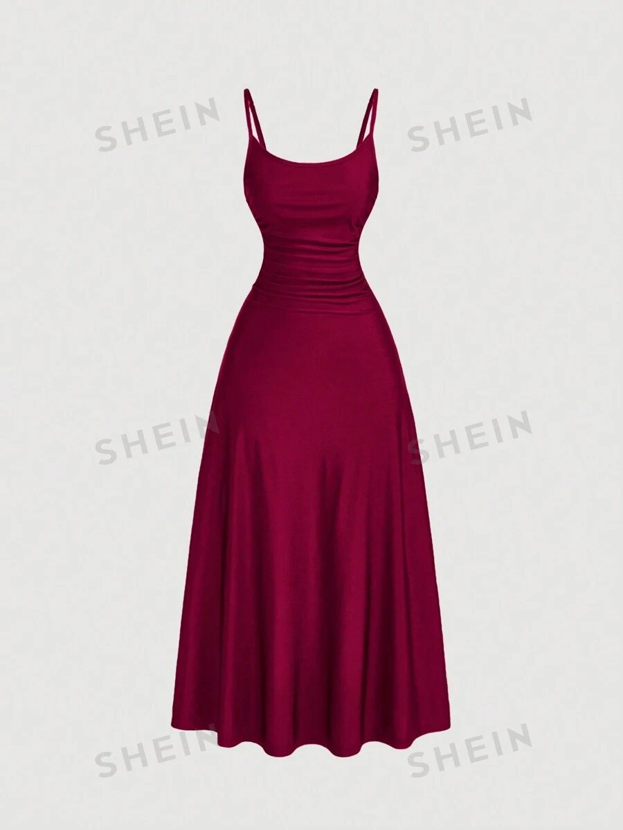 SHEIN MOD 1 pieza Vestido largo de tirantes de mujer con cintura fruncida y línea A de unicolor