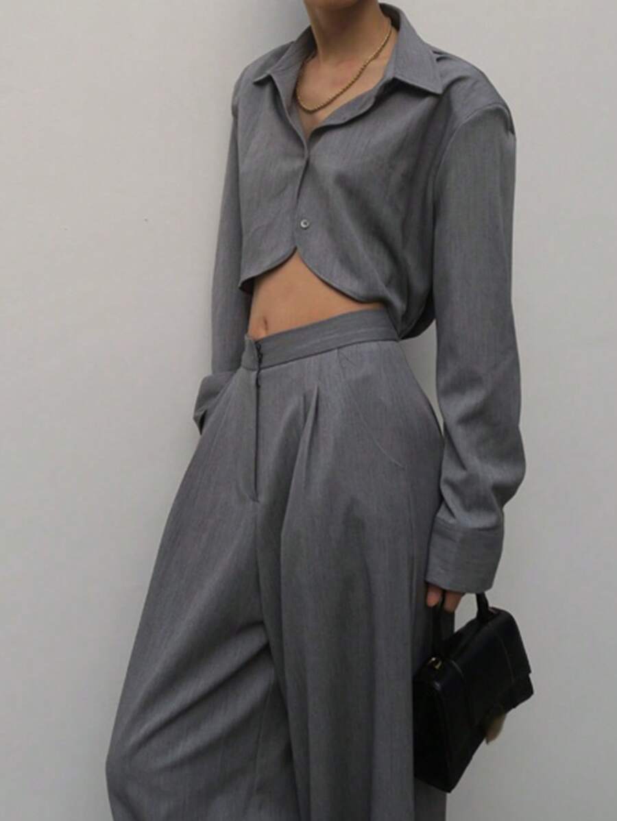 DAZY 2pcs/Set Women's Solid Color Shirt With Collar & Casual Long Pants