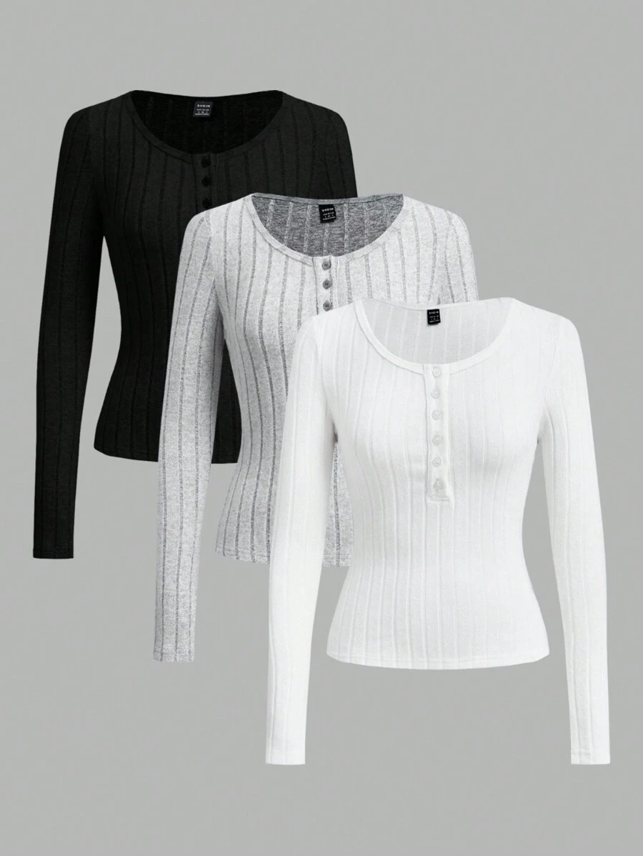 SHEIN EZwear 3 Packs Women Solid Knit Button Half Placket Long Sleeve Casual T-Shirt, Spring/Summer