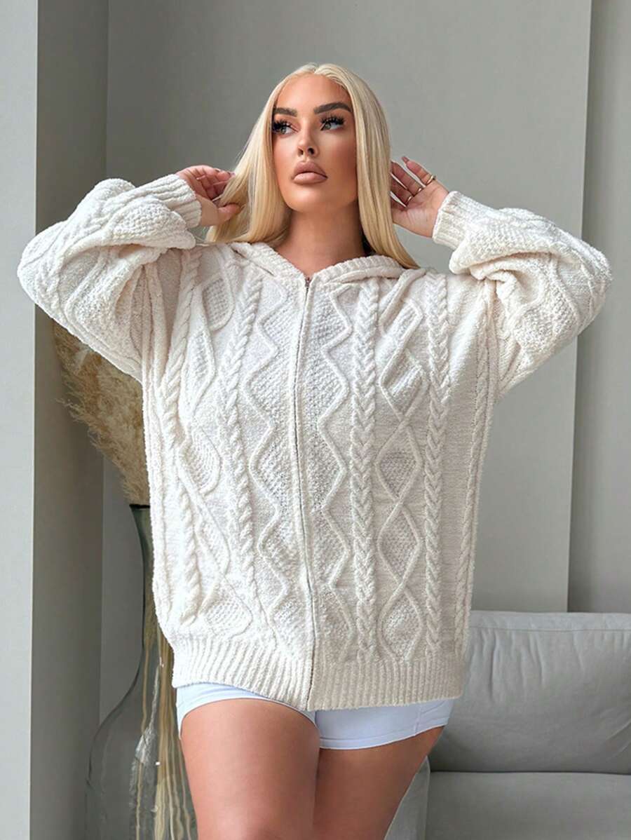SHEIN SXY Plus Size Women Cozy Casual Warm Loose Textured Knit Cardigan For Autumn/Winter