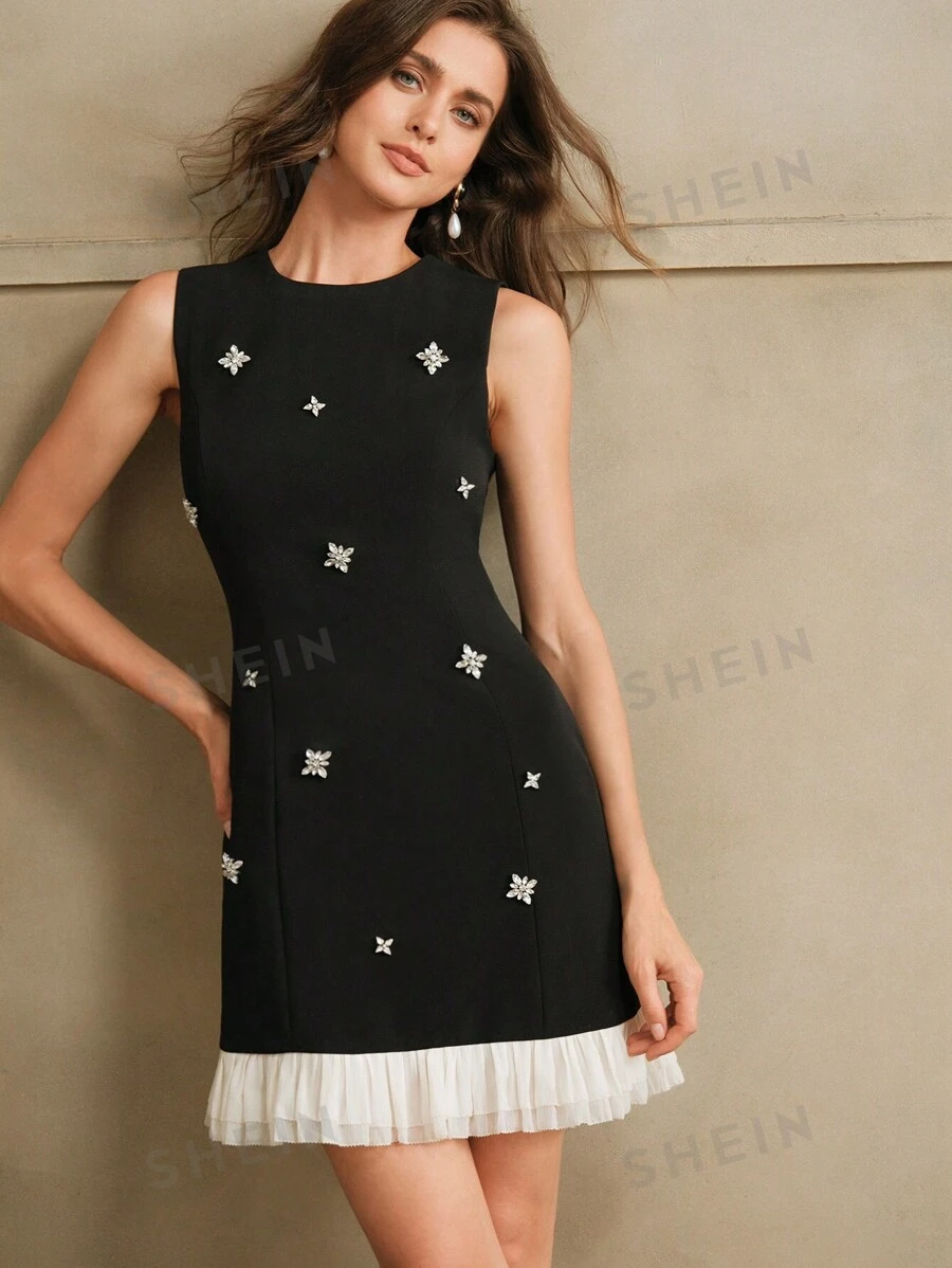 Anewsta Vestido elegante de Navidad para mujer con volantes y adornos de strass