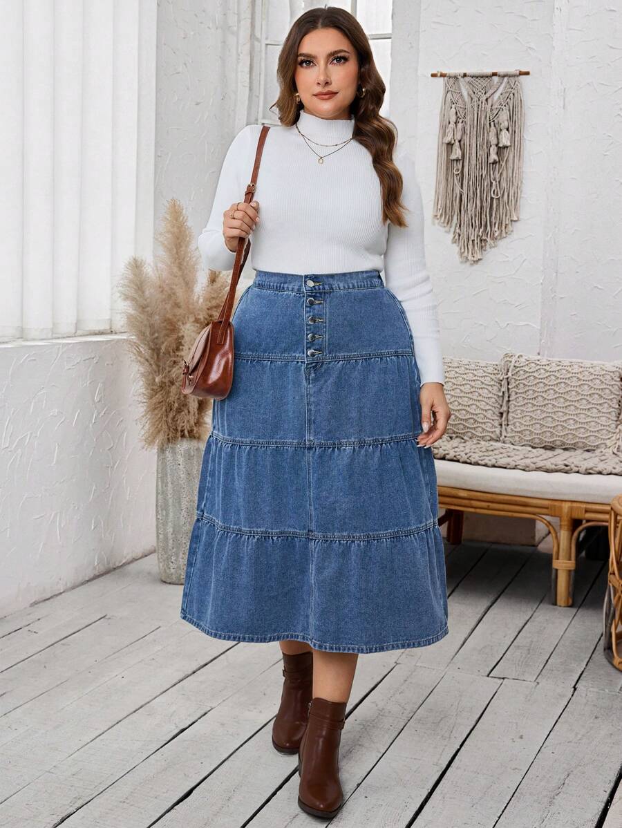 SHEIN LUNE Plus Size Casual Everyday Front Button Ruffle Hem Denim A-Line Skirt, Autumn