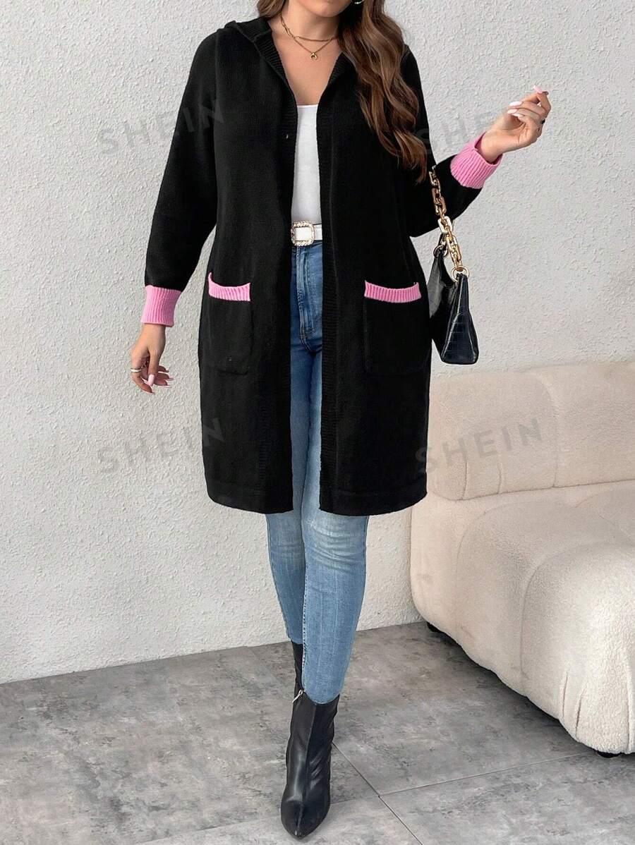SHEIN LUNE Chaqueta informal tipo cárdigan de manga larga con bolsillo tipo canguro, cuello con capucha y ribete de contraste de talla grande