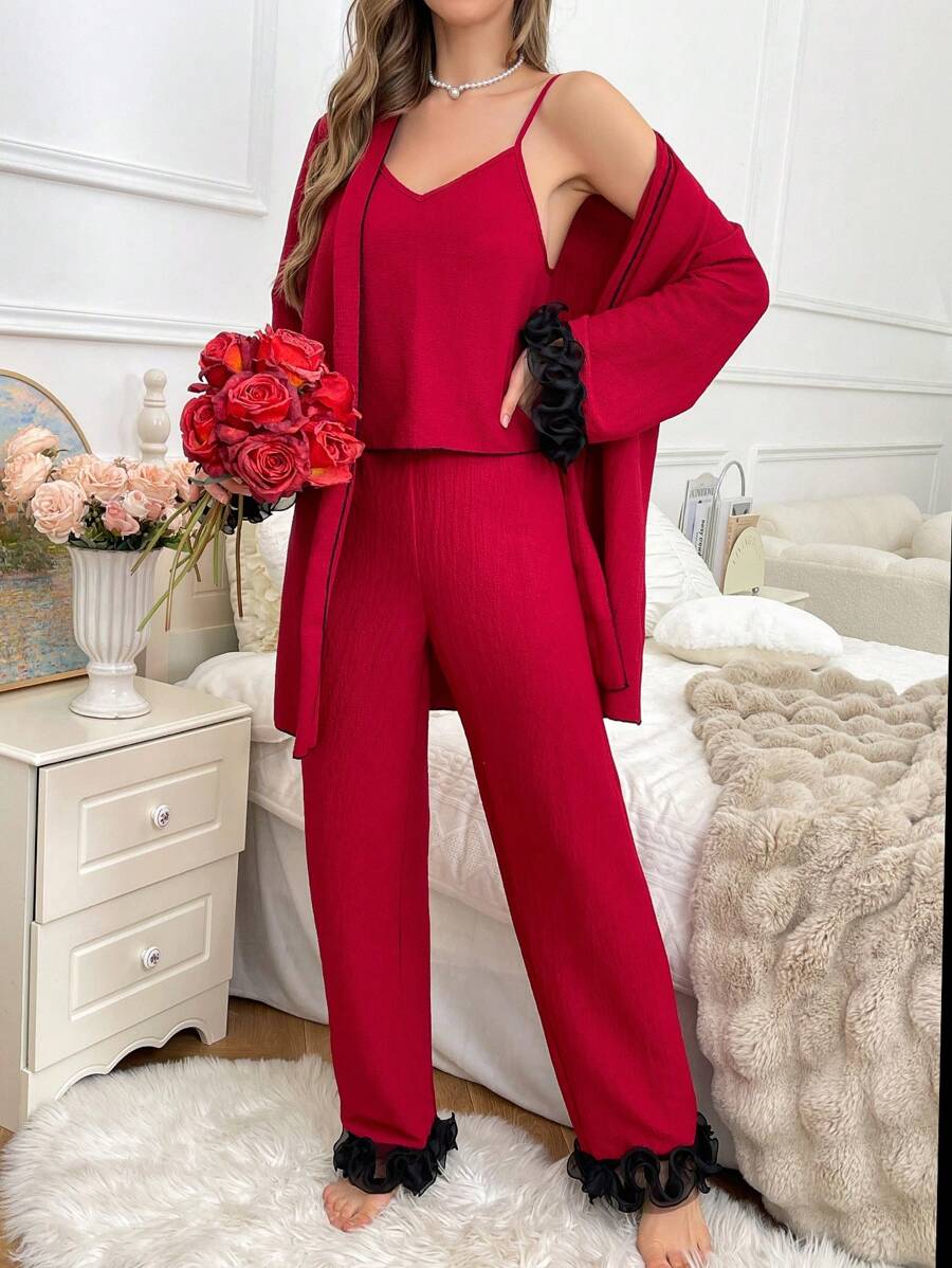 Conjunto de 3 piezas de pijama con bata, camiseta y pantalones con encaje, para mujer, de otoño
