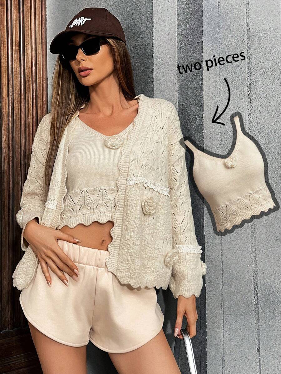 Aveloria 2pcs Solid Color Elegant Floral Decor Cardigan & Tank Top Sweater Set For Women, Autumn