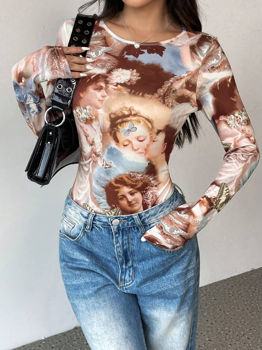 Chiquease Women's Form-Fitting Sexy Printed Long Sleeve Bodysuit, For Autumn