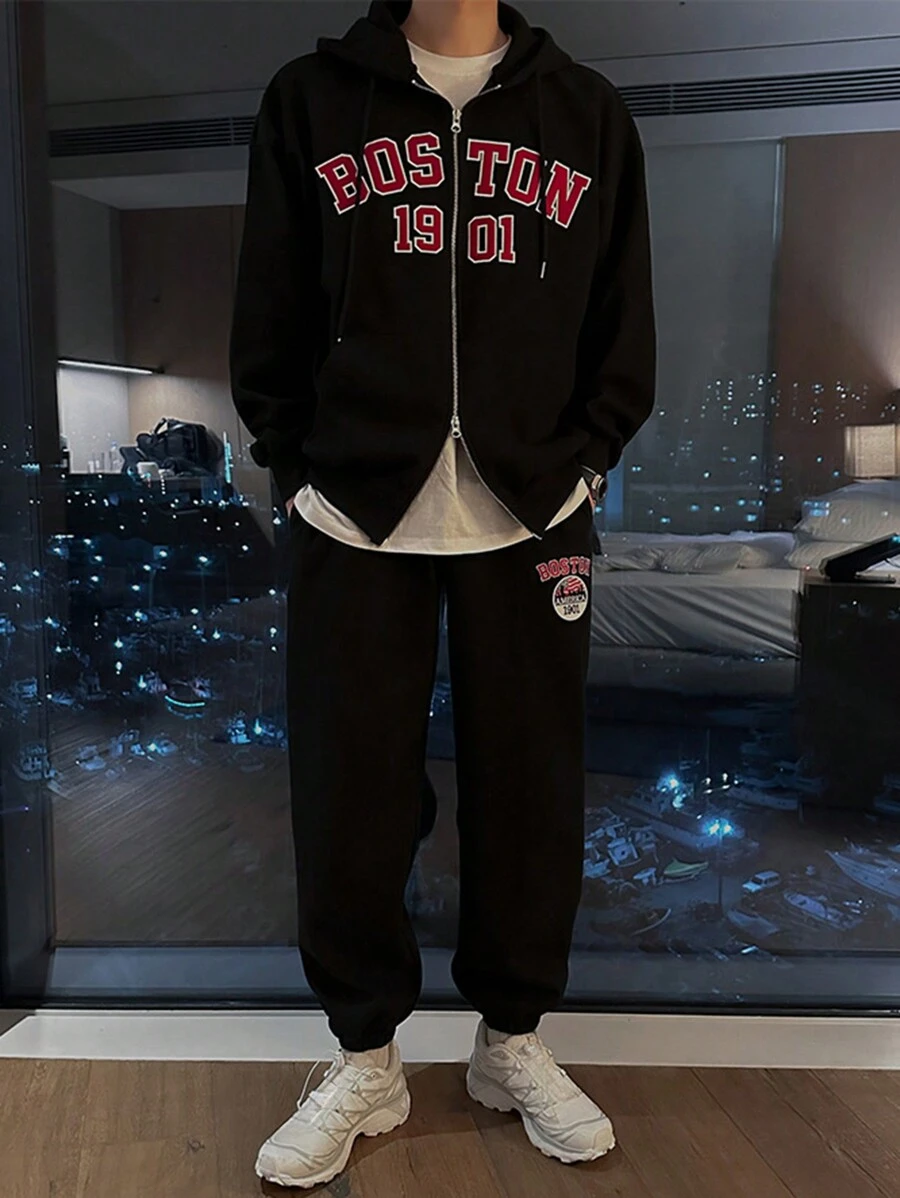 DAZY Letter Print Thermal Lined Sweatshirt Set For Men, Autumn