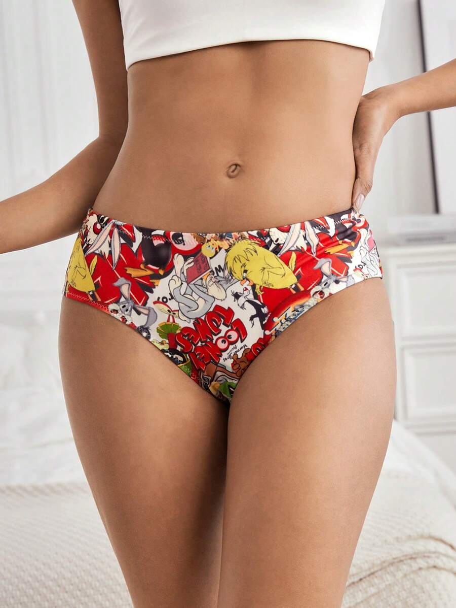 LOONEY TUNES X SHEIN 2 paquetes de bragas básicas y cómodas con estampado de dibujos animados en negro y rojo para mujeres