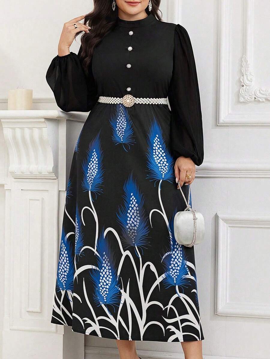 Modelyn Plus Size Feather Print Patchwork Long Sleeve Button Front Casual Dress Long Evening Dresses