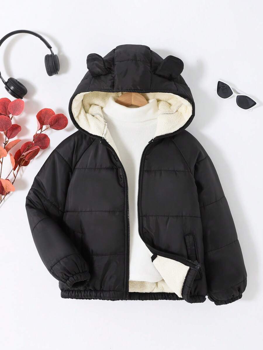 SHEIN Tween Girl Losse Casual Minimalistische Comfortabele Zwarte Gewatteerde Korte Gewatteerde Jas, Warme Voering Voor De Winter