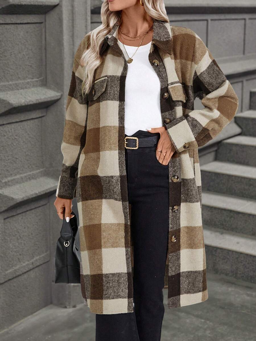 Chiquease Women's Thicken Warm Plaid Shirt Collar Patch Pocket Long Overcoat